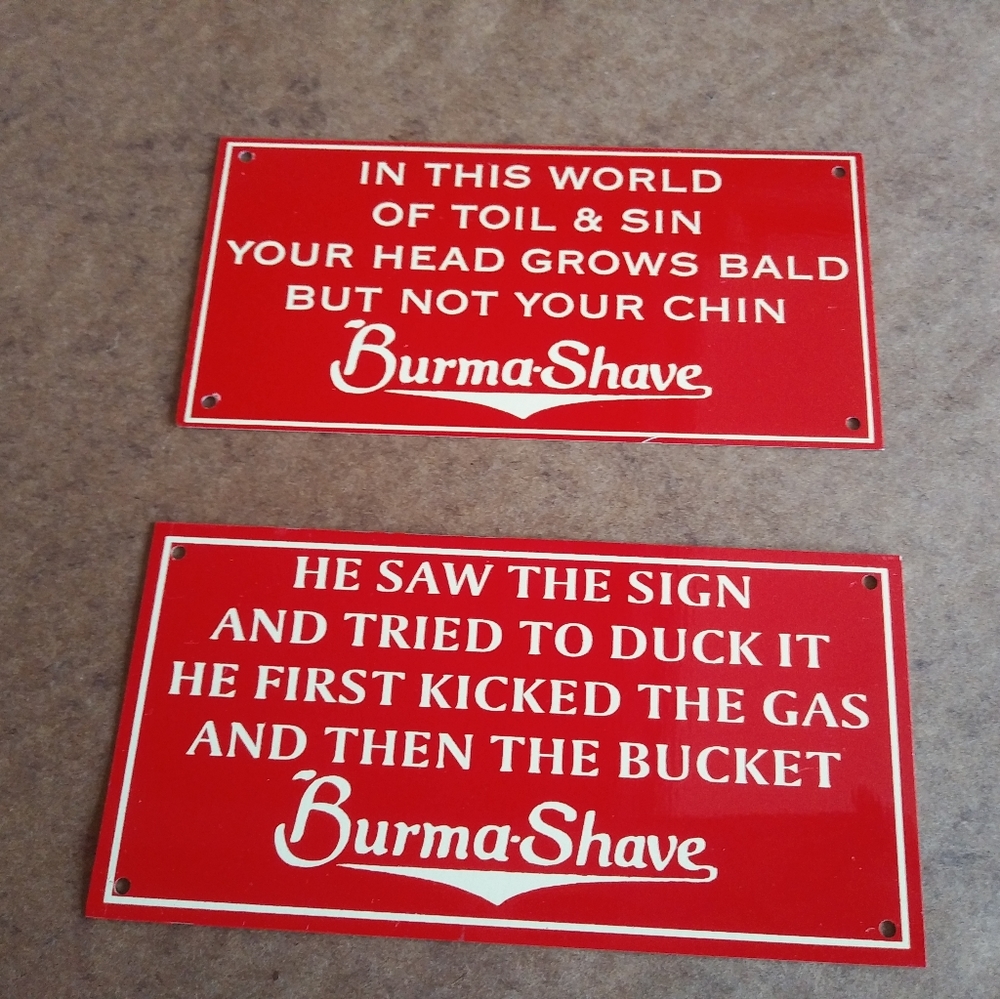 Set of 2 mini Burma Shave metal signs